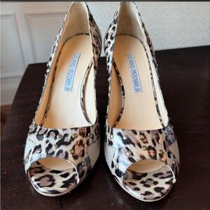 Luciano Padovan Leopard Print Peep-Toe Heels in Mixed Neutral